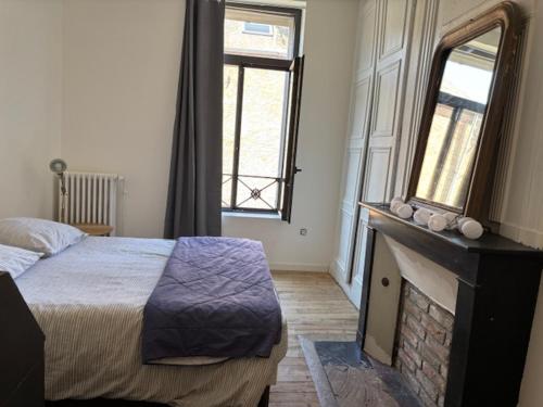 - une chambre avec un lit, une cheminée et 2 fenêtres dans l'établissement Chambre meublée au calme dans maison de caractère Hyper centre 3m Gare, à Amiens