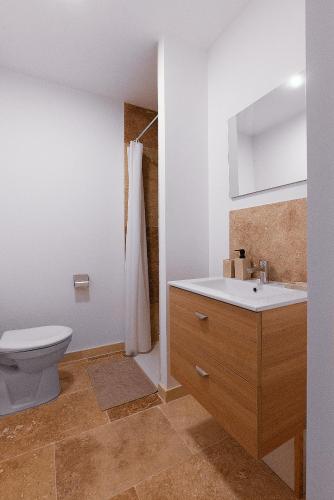 une salle de bain avec toilettes et lavabo dans l'établissement L' Aglandau Au coeur des oliviers en Provence, à Pélissanne