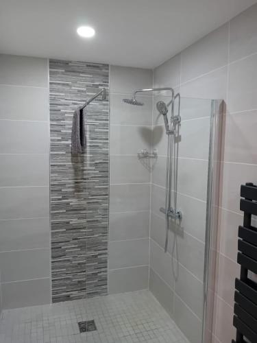 a bathroom with a shower with a glass door at Beach View, Portballintrae in Portballintrae