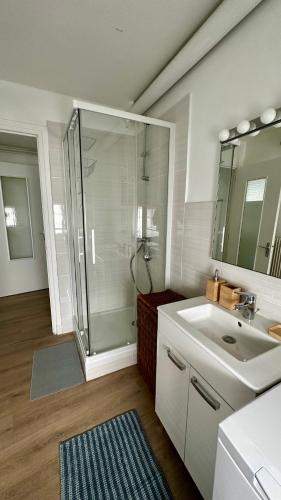 une salle de bain avec douche et lavabo dans l'établissement Au coeur de l'Auvergne, à Nohanent