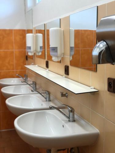 a row of sinks in a bathroom with a mirror at Woodland Cabin Camping de Regenboog in Šluknov