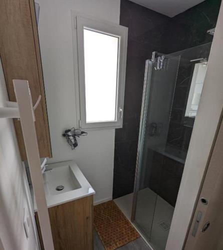 La salle de bains est pourvue d'un lavabo, d'une douche et d'une fenêtre. dans l'établissement Le Cerisier - Proche Centre Village et Rivière, à Ruoms