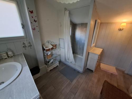 a white bathroom with a sink and a shower at Gite le Logis d'Ablet in Marnay