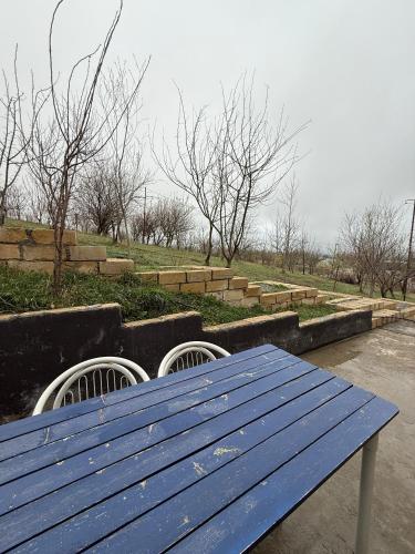 a blue picnic table and chairs in a park at Qızıl Farel (Ailəvi İstirahət Mərkəzi) in İsmayıllı