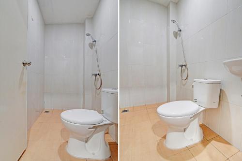 two pictures of a bathroom with a toilet and a sink at Hotel O Timur Raya Homestay Syariah in Pekanbaru