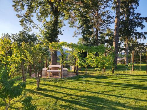 a park with trees and a bench in the grass at Le Due Querce in Vicolo Rancolfo