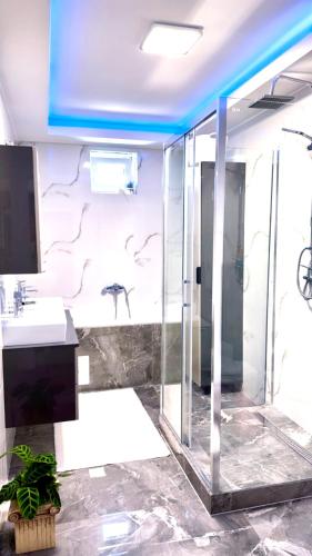 a bathroom with a shower and a sink at White Home Luxury in Nyíregyháza