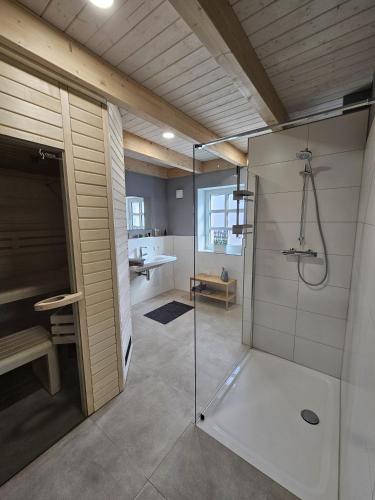 a bathroom with a shower with a glass door at Ferienhaus Mühle 5 in Krummhörn