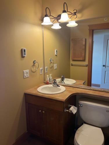 a bathroom with a sink and a toilet and a mirror at Townhouse, Ski in Ski out in Big White