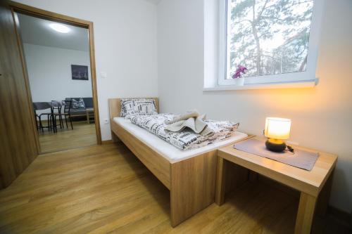 a room with a bed and a table and a window at apartmány MAJKA in Holíč