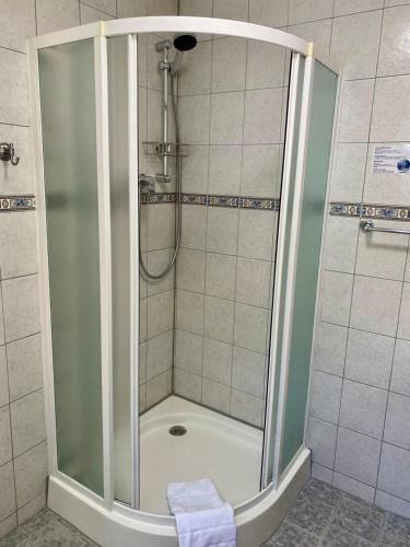 a shower with a glass door in a bathroom at Haus Salzkristall in Obertraun