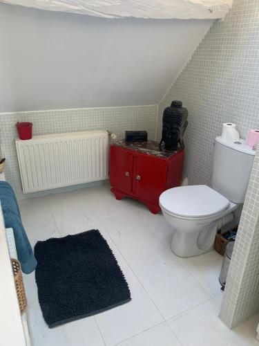 La salle de bains est pourvue de toilettes et d'une armoire rouge. dans l'établissement Le Jardin Secret, à Guérande
