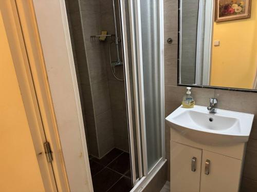 ein Badezimmer mit Dusche, Waschbecken und Spiegel in der Unterkunft HOLIDAYLAND VILLA 217 T2 6 couchages NARBONNE PLAGE in Narbonne-Plage