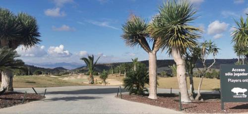 eine Straße mit Palmen und ein Schild in der Mitte in der Unterkunft Vistabella golf villa jade in Orihuela