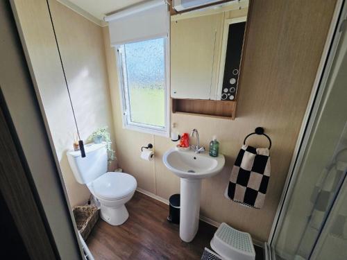 a small bathroom with a toilet and a sink at The Canny View at Three Lochs Holiday Park in Balminnoch 3 bedroom sleeps upto 8 guests in Newton Stewart