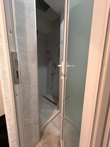 a shower with a glass door in a bathroom at Latin Bridge Apartment Sarajevo in Sarajevo