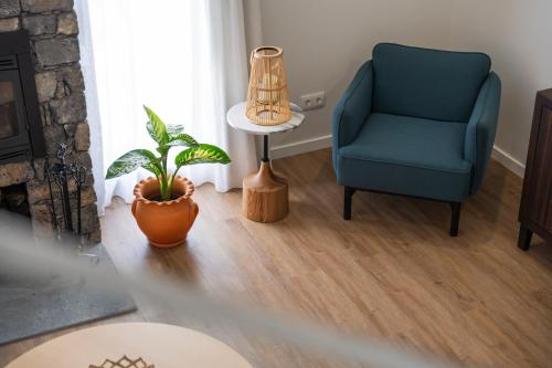 a living room with a blue chair and a plant at Azores Homes Resort & Spa in Ponta Delgada