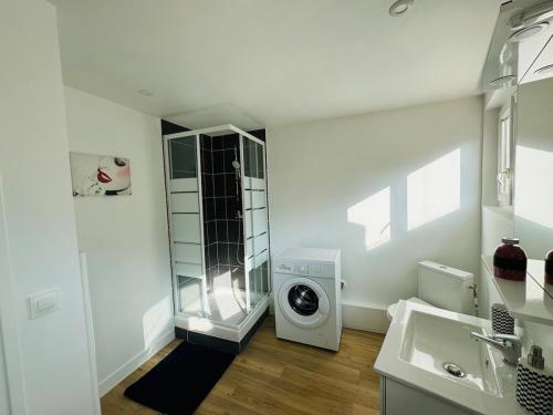une salle de bain avec une machine à laver et un lave-linge dans l'établissement Appartement Basilique Saint Denys, à Argenteuil