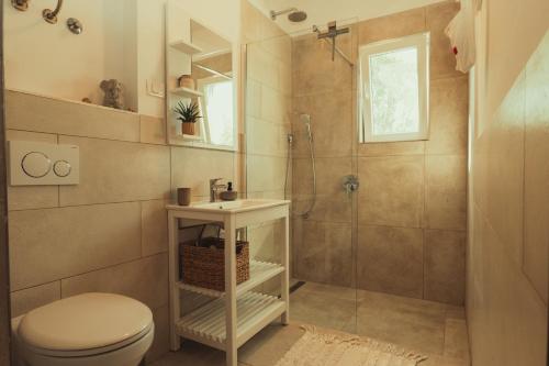 a bathroom with a shower and a toilet and a sink at New Wellness & Spa Boutique Residence Rovinj in Rovinj