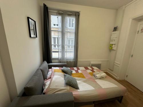 une chambre avec un lit avec une couverture et une fenêtre dans l'établissement Pause Douceur en Ville - 292, à Rouen