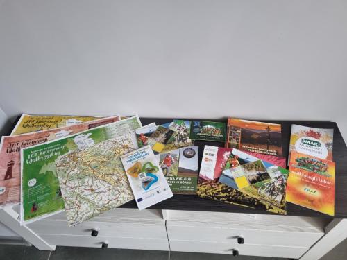 a table topped with lots of brochures and maps at Apartament exclusive Głuszyca in Głuszyca