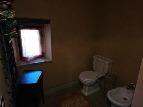 a bathroom with a toilet and a sink and a window at Sogni nel Bosco in Varsi