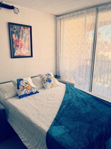 une chambre avec un lit avec des oreillers et une fenêtre dans l'établissement Bulle de Magie, au Cap d'Agde