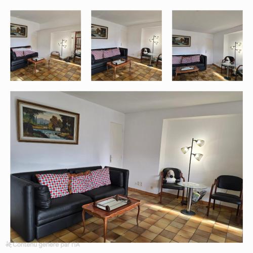 un salon avec un canapé et une table dans l'établissement Superbe appartement au cœur des cévennes, à Avèze