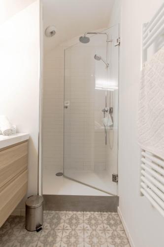 une douche avec une porte vitrée dans une salle de bain dans l'établissement Eclat 3 etoiles Parking Gratuit-Proche lac et golf-Au calme, à Talloires