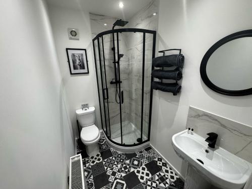 a bathroom with a shower and a toilet and a sink at Park view holiday apartment in Skegness