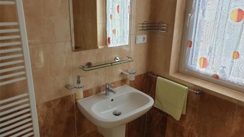 a bathroom with a sink and a mirror at Csalogány Apartman Egerszalók in Egerszalók