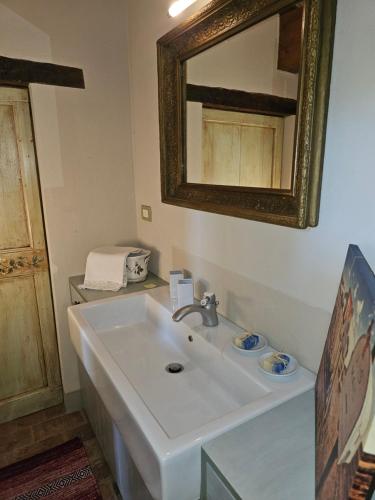 a bathroom with a white sink and a mirror at Sogni nel Bosco in Varsi