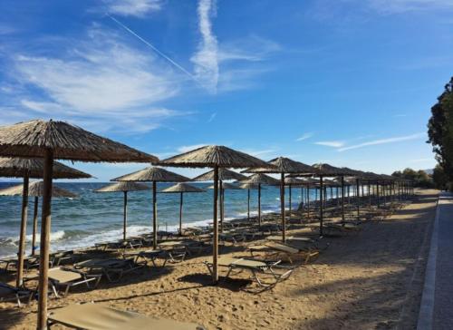 a row of beach chairs and umbrellas on a beach at Sweet Green Home in Nea Makri in Nea Makri