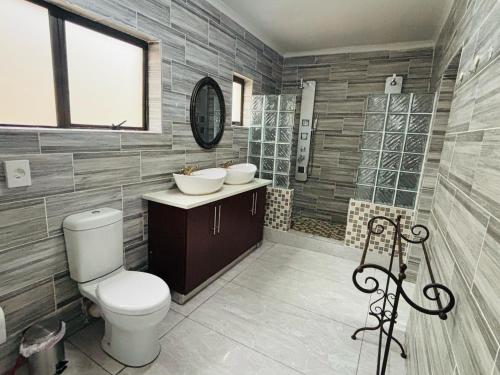 a bathroom with a toilet and a sink and a mirror at Dulelo Guest House Gaborone in Gaborone
