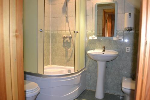 uma casa de banho com um chuveiro, um lavatório e um WC. em Motelis Aka em Kārsava