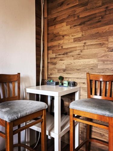 two chairs and a table in a room with wooden walls at 4 Rooms in Plovdiv