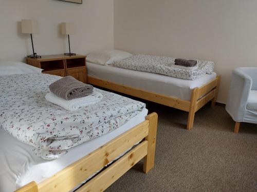 a room with two beds and a chair at Penzion Grado Davle in Davle