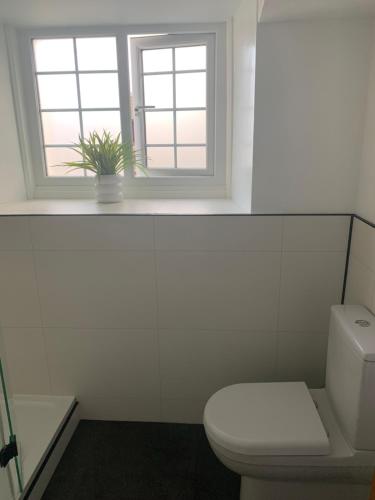 a white bathroom with a toilet and a window at Willow View, Cartmel in Cartmel