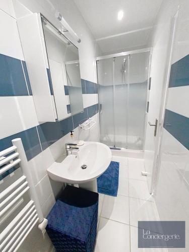 une salle de bain blanche avec un lavabo et une douche dans l'établissement Les Gîtes de La Chartreuse - Jaunay Marigny - 3mnFuturoscope, à Jaunay-Clan