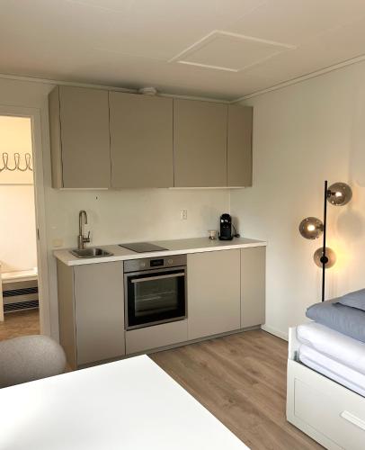 a kitchen with a sink and a stove top oven at Påskeferie! Fin og nyoppusset studioleilighet for to - gratis parkering og el-lading in Trondheim