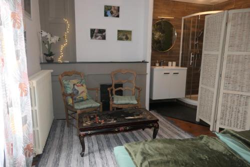 a room with two chairs and a table and a shower at Chambres d'Hôtes Colibri in Arthez-de-Béarn