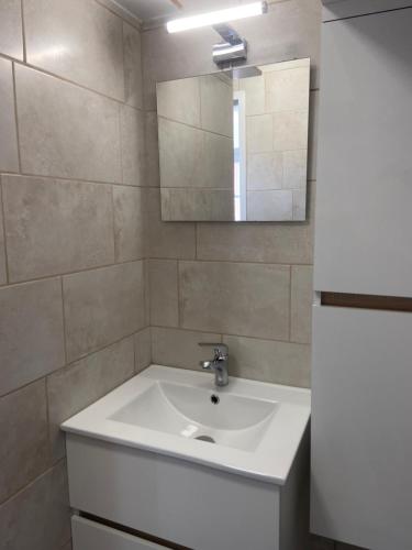 a bathroom with a sink and a mirror at Gîte de la Vallée de Somme in Fontaine-sur-Somme