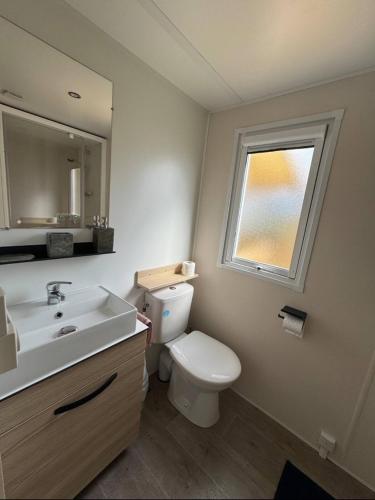 une salle de bain avec toilettes, lavabo et fenêtre dans l'établissement Mobil Home 6 pers - 256 Camping Siblu Le Lac des Rêves, Lattes, à Lattes