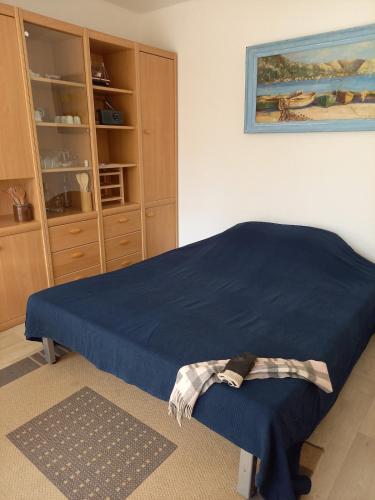 une chambre avec un lit avec une couverture bleue dans l'établissement Charmant appartement bord de mer, à Arcachon
