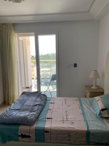哈曼苏斯appt cosy , front de mer的一间卧室设有一张床,享有阳台的景色