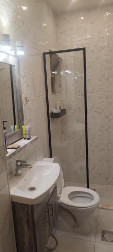 a bathroom with a toilet and a sink and a shower at شقة مفروشة للايجار دوار المشاغل شارع الأقصى in Amman