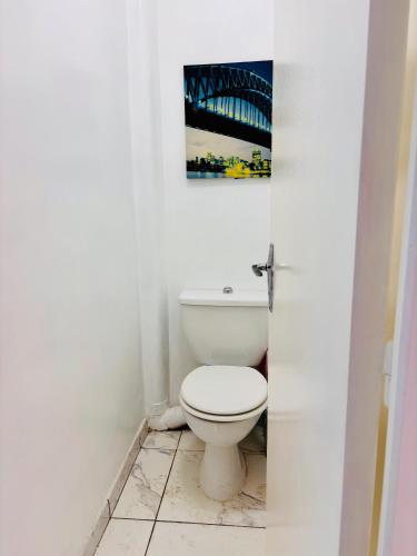 une salle de bain avec toilettes et un tableau au mur dans l'établissement Le Pavillon G aillard - Maison de 5 chambres, à Gien