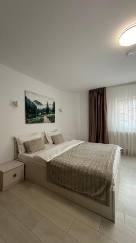 a bedroom with a large bed in a white room at Casa Mia in Moieciu de Sus