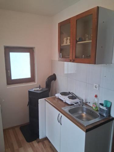 a small kitchen with a sink and a window at apartman Luisiana in Lukovdol