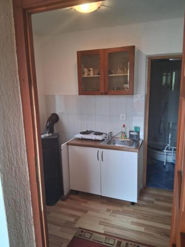 a small kitchen with a sink and a counter at apartman Luisiana in Lukovdol